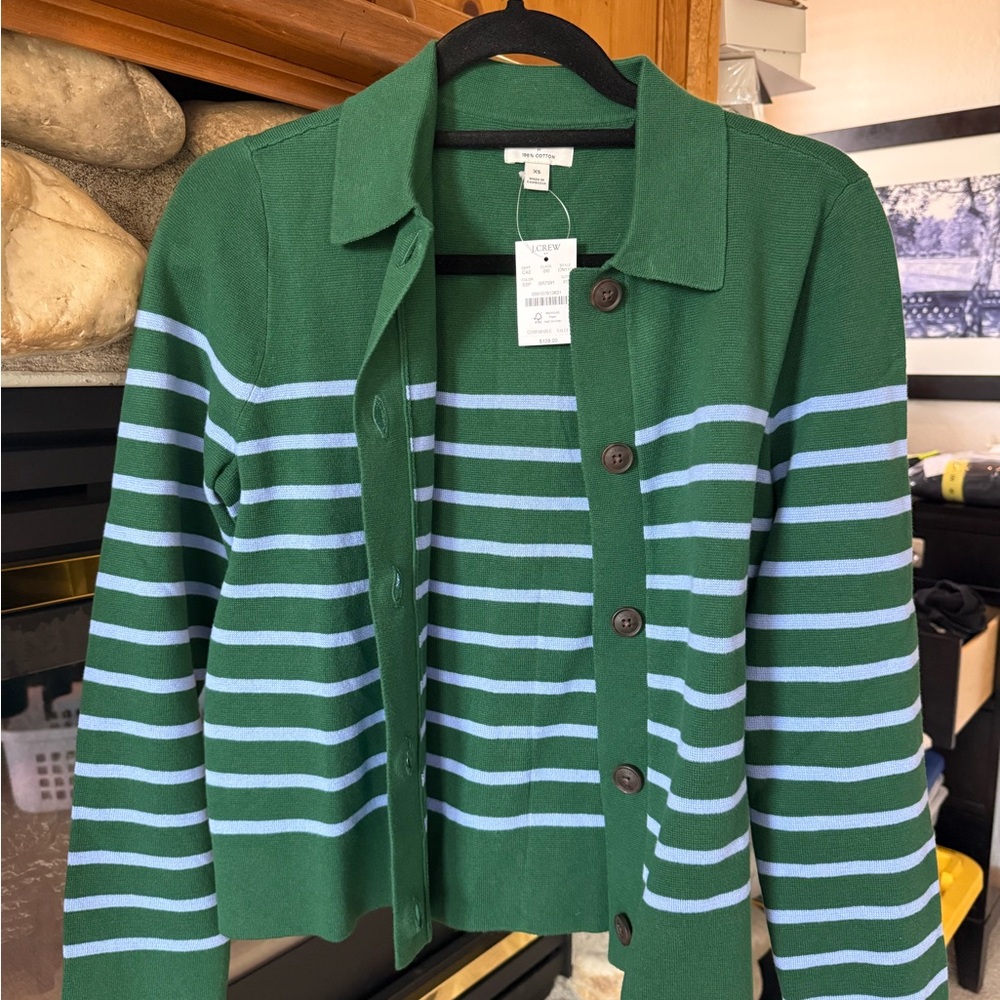 J. Crew Green Cardigan with Blue Accents